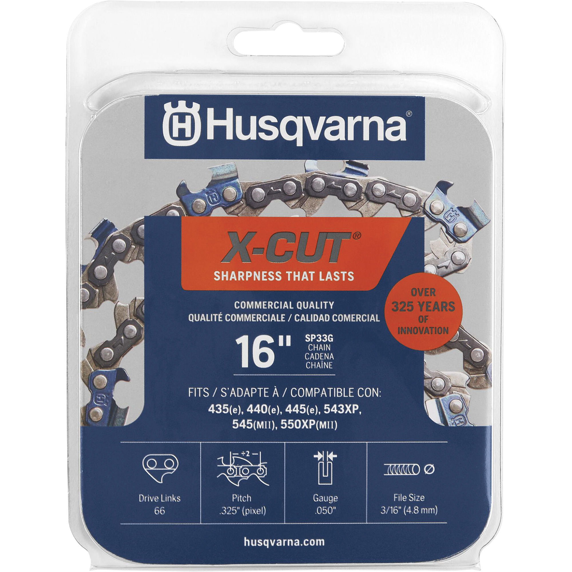 Husqvarna X-Cut Chainsaw Chain, 0.325in. x 0.050in., Fits 16in. Bar, Model# SP33G X-Cut